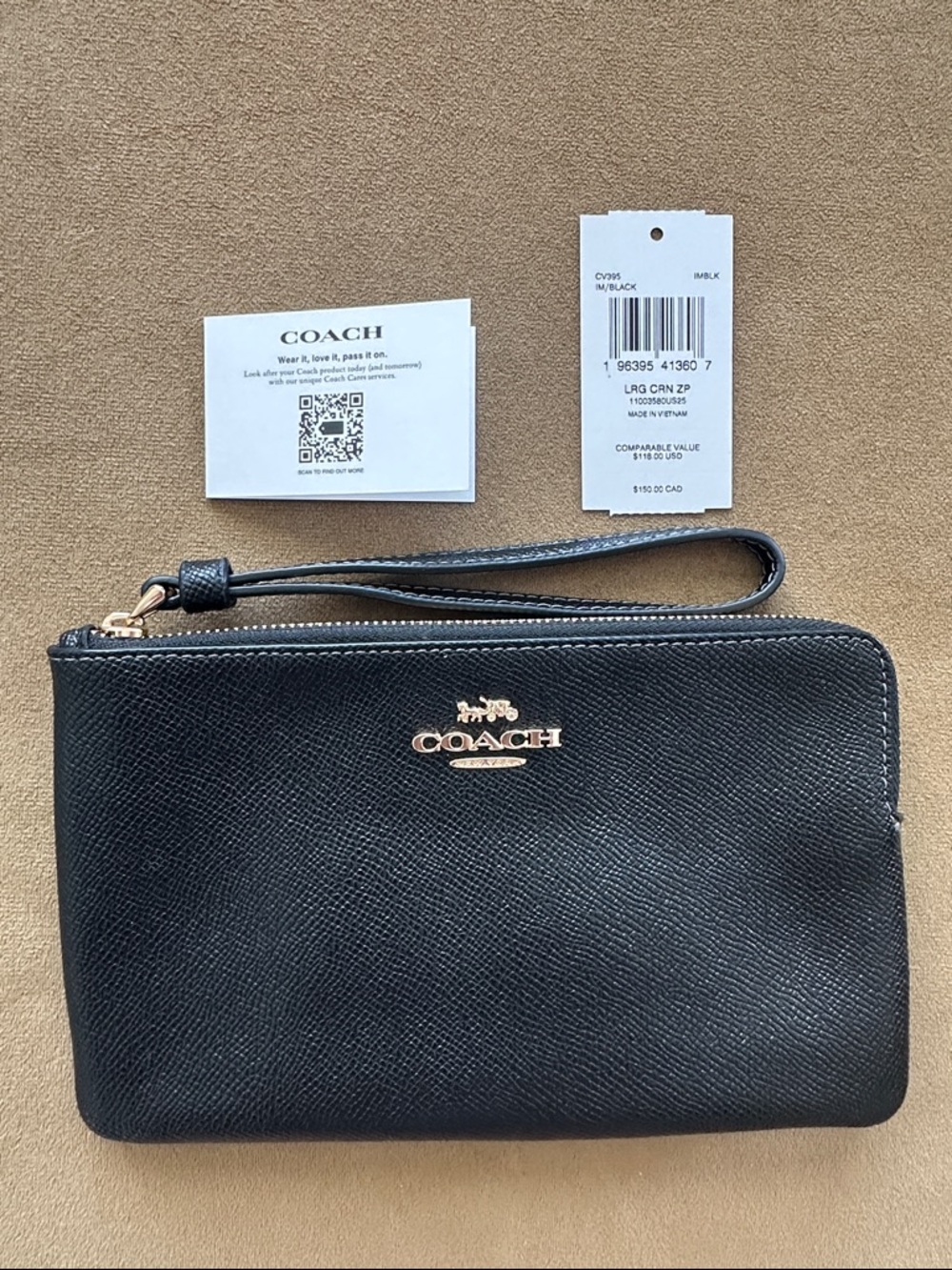 Coach Black Saffiano Leather Wristlet with Gold Hardware